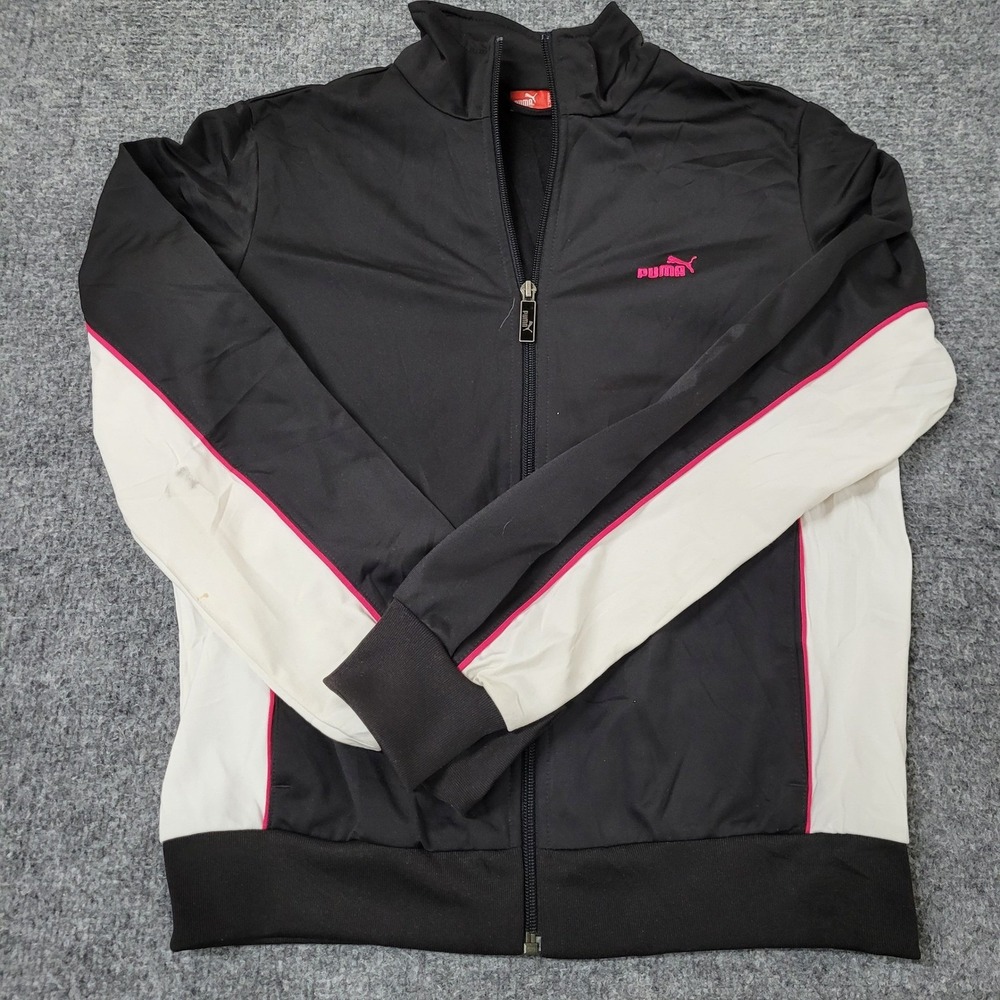 Puma Track Jacket Womens Size M Black White Pink Colorblock Full Zip Athletic